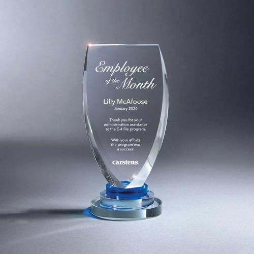 Corporate Awards - Crystal Awards - Optic Crystal Shield Award with Blue Accent