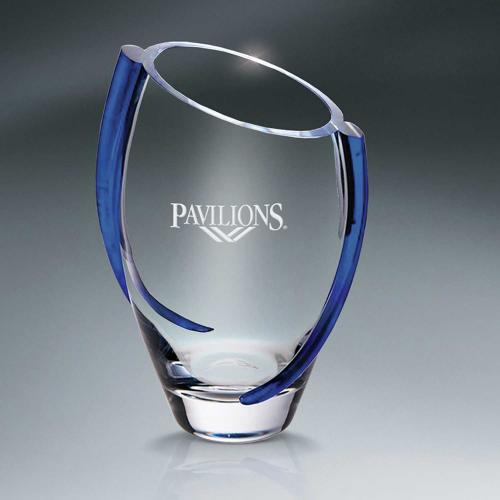 Corporate Awards - Glass Awards - Clear Glass Vase With Blue Swirl Accents