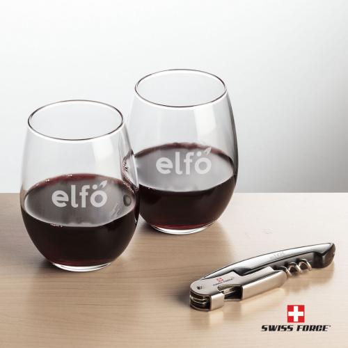 Corporate Recognition Gifts - Etched Barware - Swiss Force&reg; Opener & Stanford Stemless Wine