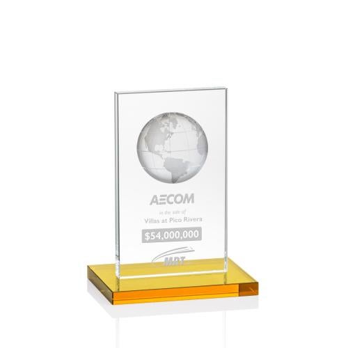Corporate Awards - Crystal Awards - Colored Crystal - Brannigan Globe Amber Rectangle Crystal Award