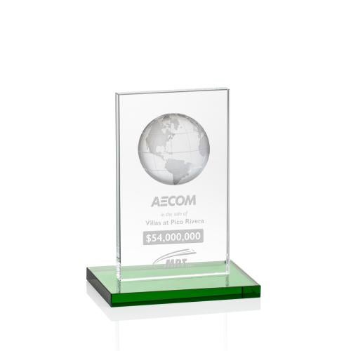 Corporate Awards - Crystal Awards - Colored Crystal - Brannigan Globe Green  Rectangle Crystal Award