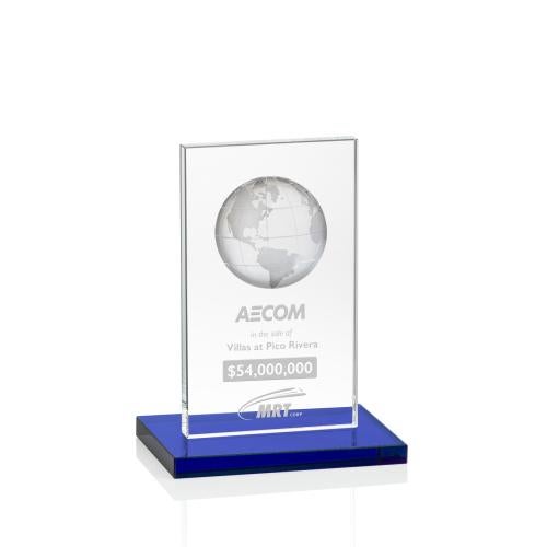 Corporate Awards - Crystal Awards - Colored Crystal - Brannigan Globe Blue Rectangle Crystal Award