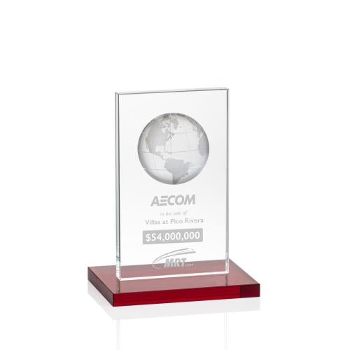 Corporate Awards - Crystal Awards - Colored Crystal - Brannigan Globe Red Rectangle Crystal Award
