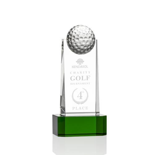 Corporate Awards - Crystal Awards - Colored Crystal - Dunbar Golf Green on Base Obelisk Crystal Award
