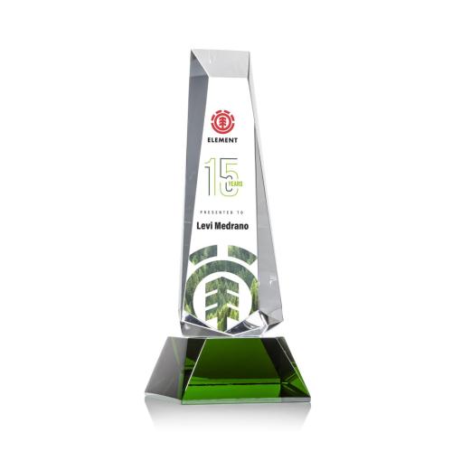 Corporate Awards - Crystal Awards - Crystal Pillar Awards - Rustern Full Color Green on Base Obelisk Crystal Award