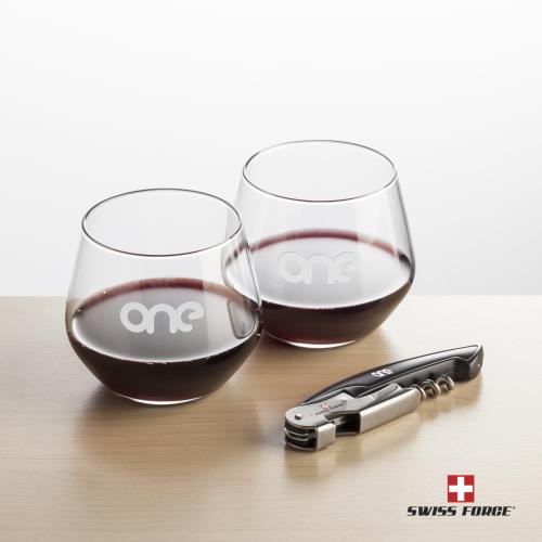 Corporate Recognition Gifts - Etched Barware - Swiss Force&reg; Opener & Mandelay Stemless Wine