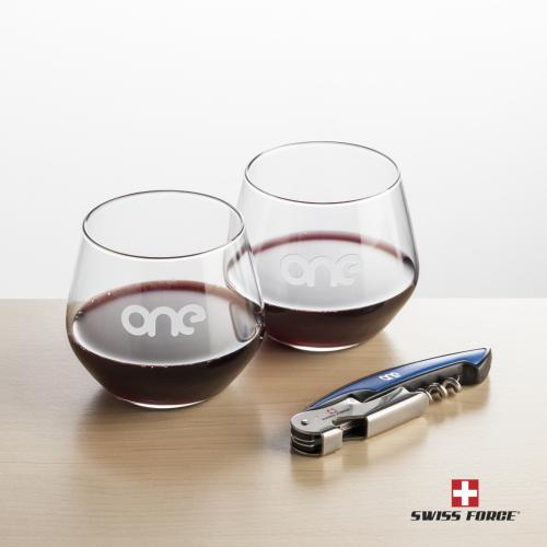 Corporate Recognition Gifts - Etched Barware - Swiss Force&reg; Opener & Mandelay Stemless Wine