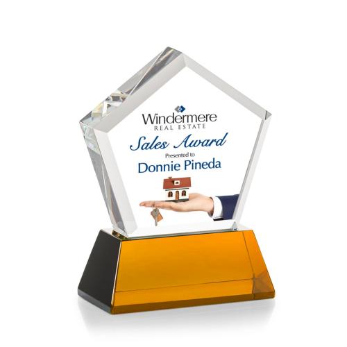 Corporate Awards - Glass Awards - Colored Glass Awards - Genosee Full Color Amber on Base Crystal Award