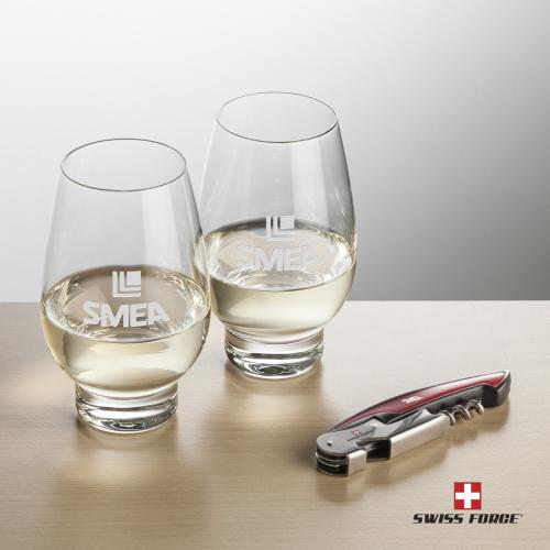 Corporate Recognition Gifts - Etched Barware - Swiss Force&reg; Opener & Glenarden Stemless Wine