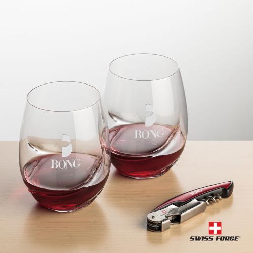 Corporate Recognition Gifts - Etched Barware - Swiss Force&reg; Opener & Bartolo Stemless Wine
