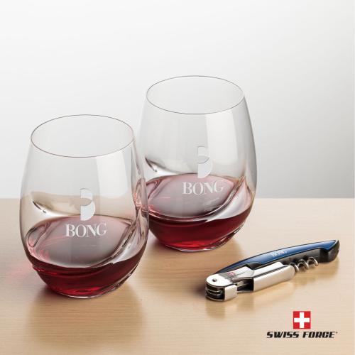 Corporate Recognition Gifts - Etched Barware - Swiss Force&reg; Opener & Bartolo Stemless Wine
