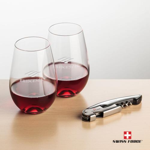 Corporate Recognition Gifts - Etched Barware - Swiss Force&reg; Opener & Boston Stemless Wine