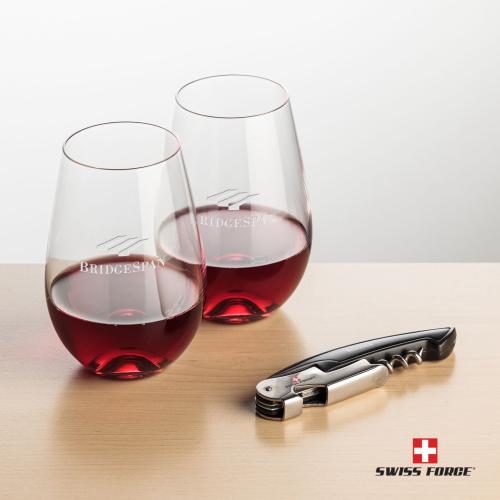 Corporate Recognition Gifts - Etched Barware - Swiss Force&reg; Opener & Boston Stemless Wine