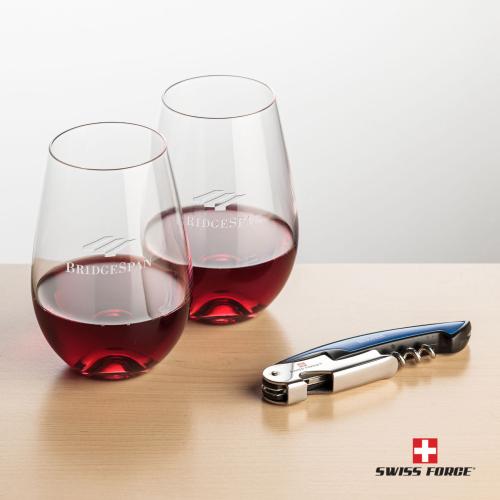 Corporate Recognition Gifts - Etched Barware - Swiss Force&reg; Opener & Boston Stemless Wine
