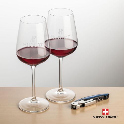 Corporate Recognition Gifts - Etched Barware - Swiss Force® Opener & 2 Elderwood Wine