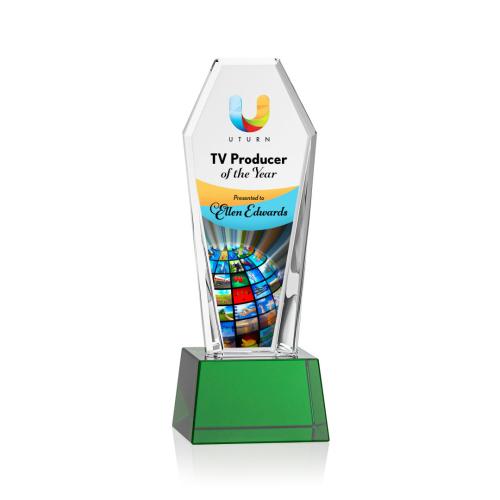 Corporate Awards - Crystal Awards - Crystal Pillar Awards - Romford Full Color Green on Base Obelisk Crystal Award