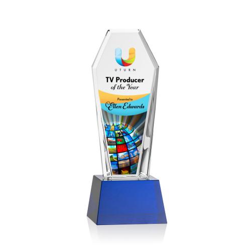 Corporate Awards - Crystal Awards - Crystal Pillar Awards - Romford Full Color Blue on Base Obelisk Crystal Award