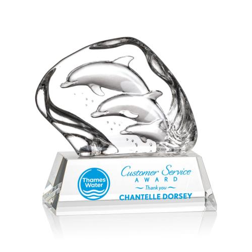 Corporate Awards - Crystal Awards - Colored Crystal - Red Crystal Awards - Ottavia 3 Dolphins Full Color Animals Crystal Award