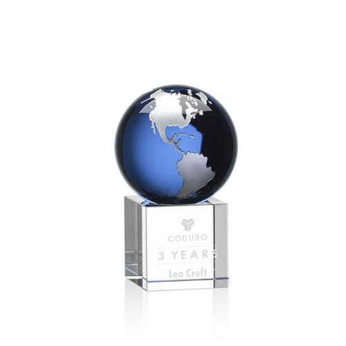 Corporate Awards - Glass Awards - Colored Glass Awards - Haywood Globe Blue/Silver Spheres Crystal Award