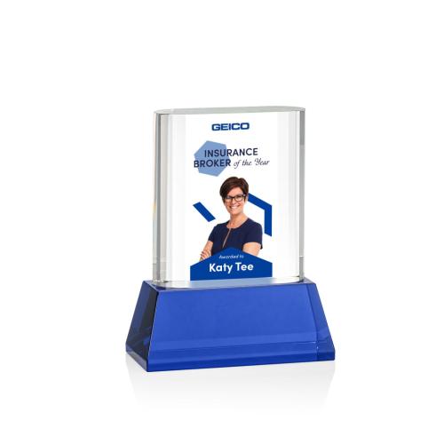 Corporate Awards - Glass Awards - Colored Glass Awards - Merit Full Color Blue on Base Rectangle Crystal Award