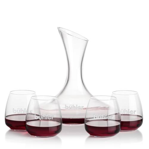 Corporate Recognition Gifts - Etched Barware - Madagascar Carafe & Hogarth Stemless Wine