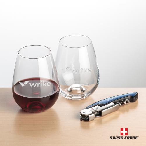 Corporate Recognition Gifts - Etched Barware - Swiss Force&reg; Opener & Edderton Stemless Wine