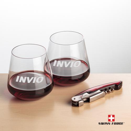 Corporate Recognition Gifts - Etched Barware - Swiss Force&reg; Opener & Breckland Stemless Wine