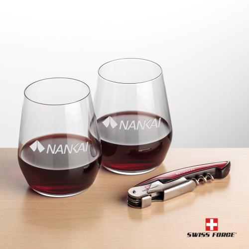 Corporate Recognition Gifts - Etched Barware - Swiss Force&reg; Opener & Germain Stemless Wine