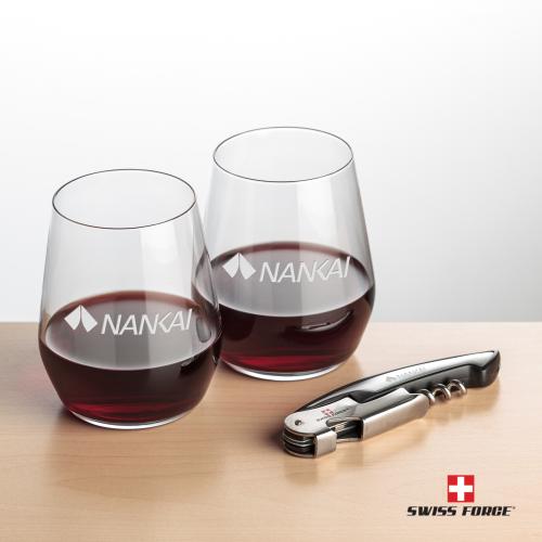 Corporate Recognition Gifts - Etched Barware - Swiss Force&reg; Opener & Germain Stemless Wine