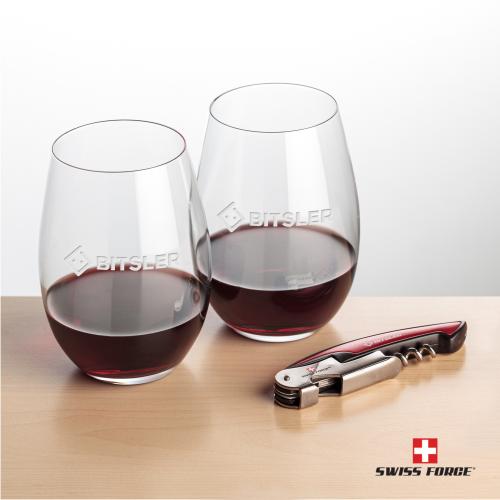 Corporate Recognition Gifts - Etched Barware - Swiss Force&reg; Opener & Laurent Stemless Wine
