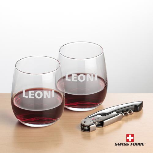 Corporate Recognition Gifts - Etched Barware - Swiss Force&reg; Opener & Crestview Stemless Wine