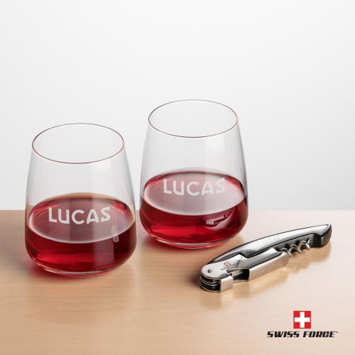 Corporate Recognition Gifts - Etched Barware - Swiss Force&reg; Opener & Dunhill Stemless Wine