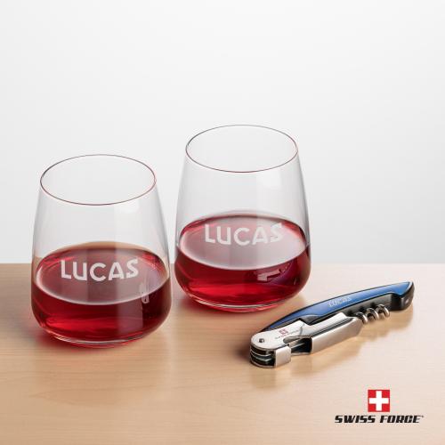 Corporate Recognition Gifts - Etched Barware - Swiss Force&reg; Opener & Dunhill Stemless Wine