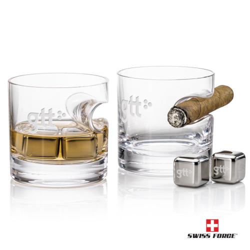 Corporate Recognition Gifts - Etched Barware - Swiss Force® S/S Ice Cubes & 2 Havana OTR