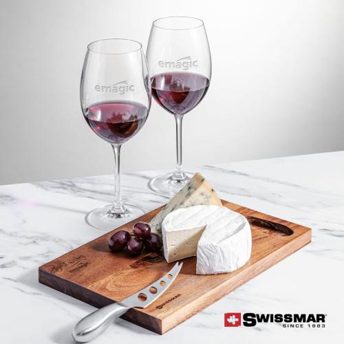 Corporate Recognition Gifts - Etched Barware - Swissmar® Acacia Board &  2 Blyth Wine