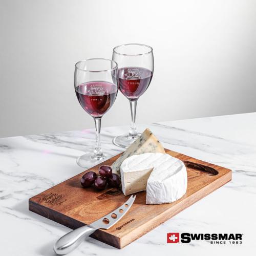 Corporate Recognition Gifts - Etched Barware - Swissmar® Acacia Board &  2 Carberry Wine