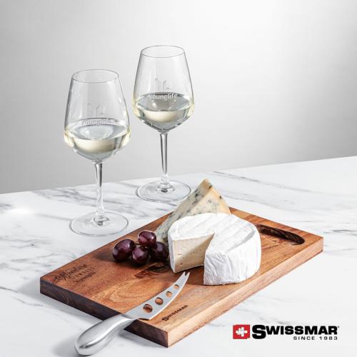 Corporate Recognition Gifts - Etched Barware - Swissmar® Acacia Board &  2 Mandelay Wine