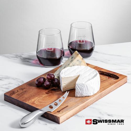 Corporate Recognition Gifts - Etched Barware - Swissmar® Acacia Board & 2 Germain Stemless Wine