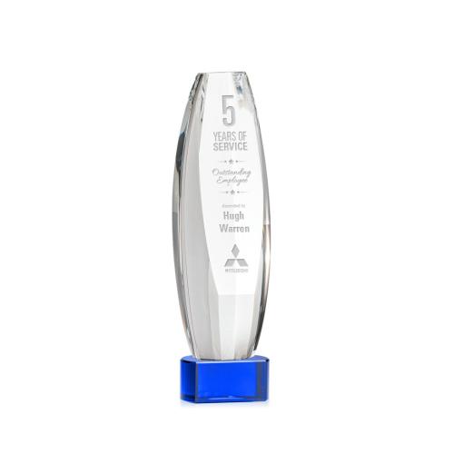 Corporate Awards - Crystal Awards - Crystal Pillar Awards - Hoover Blue on Paragon Base Obelisk Crystal Award