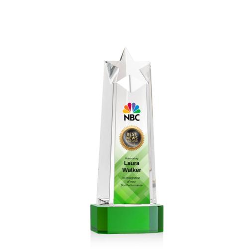 Corporate Awards - Crystal Awards - Crystal Pillar Awards - Delaware Star Full Color Green on Base Obelisk Crystal Award