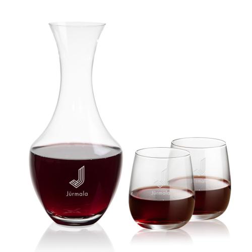 Corporate Recognition Gifts - Etched Barware - Oldham Carafe & Crestview Stemless Wine