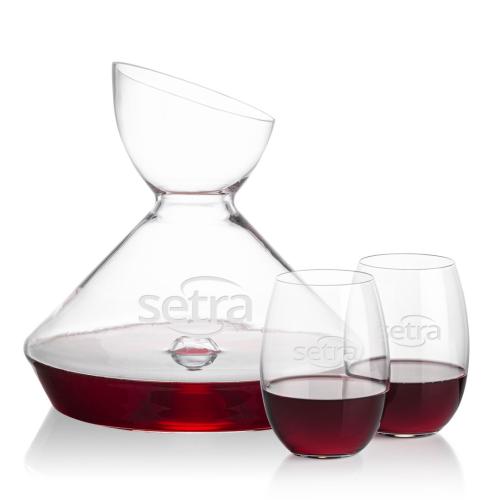 Corporate Recognition Gifts - Etched Barware - Woodbury Carafe & Carlita Stemless Wine