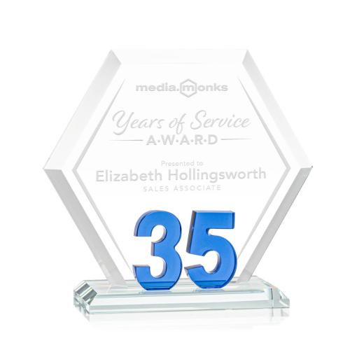 Corporate Awards - Glass Awards - Colored Glass Awards - Riviera Anniversary Blue No 35 Number Crystal Award