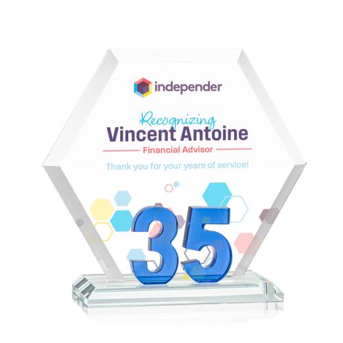 Corporate Awards - Glass Awards - Colored Glass Awards - Riviera Anniversary Full Color Blue No 35 Number Crystal Award