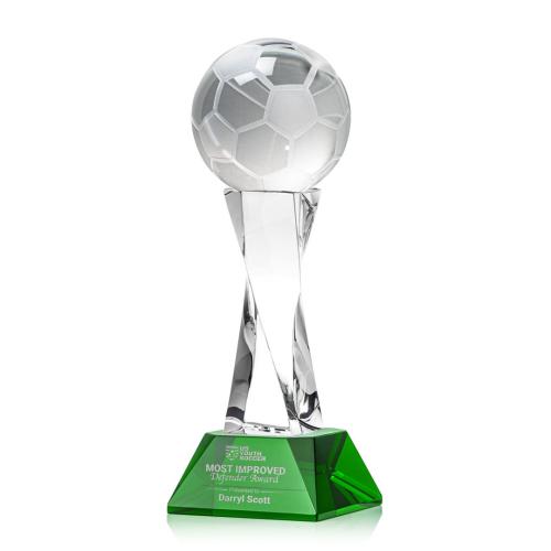 Corporate Awards - Sports Awards - Soccer Awards - Soccer Ball Green on Langport Base Spheres Crystal Award