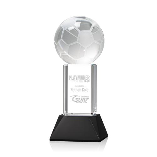 Corporate Awards - Sports Awards - Soccer Awards - Soccer Ball Black on Stowe Base Spheres Crystal Award