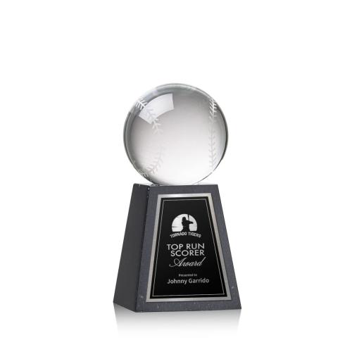 Corporate Awards - Sports Awards - Baseball Awards - Baseball Spheres on Tall Marble Base Crystal Award