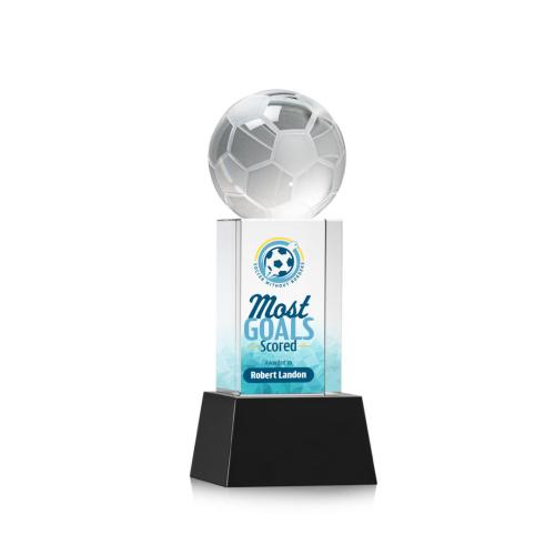 Corporate Awards - Sports Awards - Soccer Awards - Soccer Ball Full Color Black on Belcroft Spheres Crystal Award