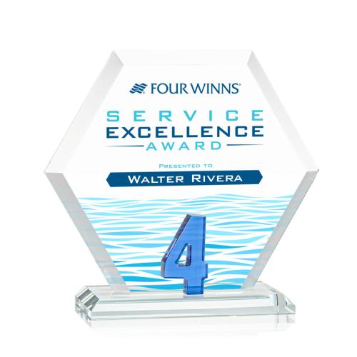 Corporate Awards - Crystal Awards - Colored Crystal - Riviera Milestone Full Color Blue Number Crystal Award