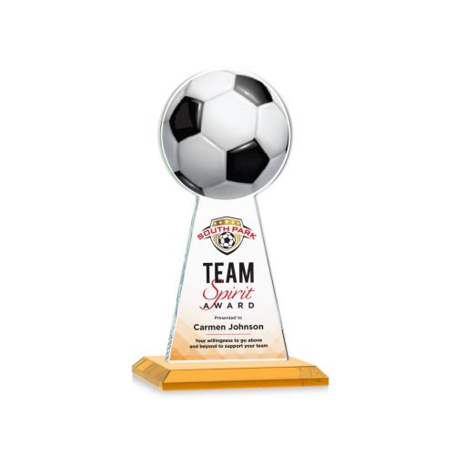 Corporate Awards - Crystal Awards - Crystal Pillar Awards - Edenwood Soccer Full Color Amber Obelisk Crystal Award